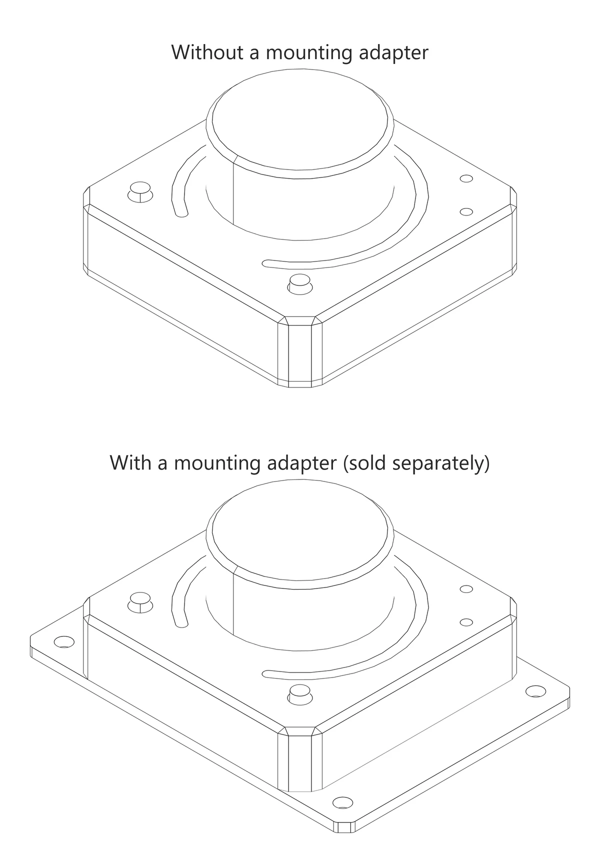 The controller with and without the mounting adapter, seen at an angle