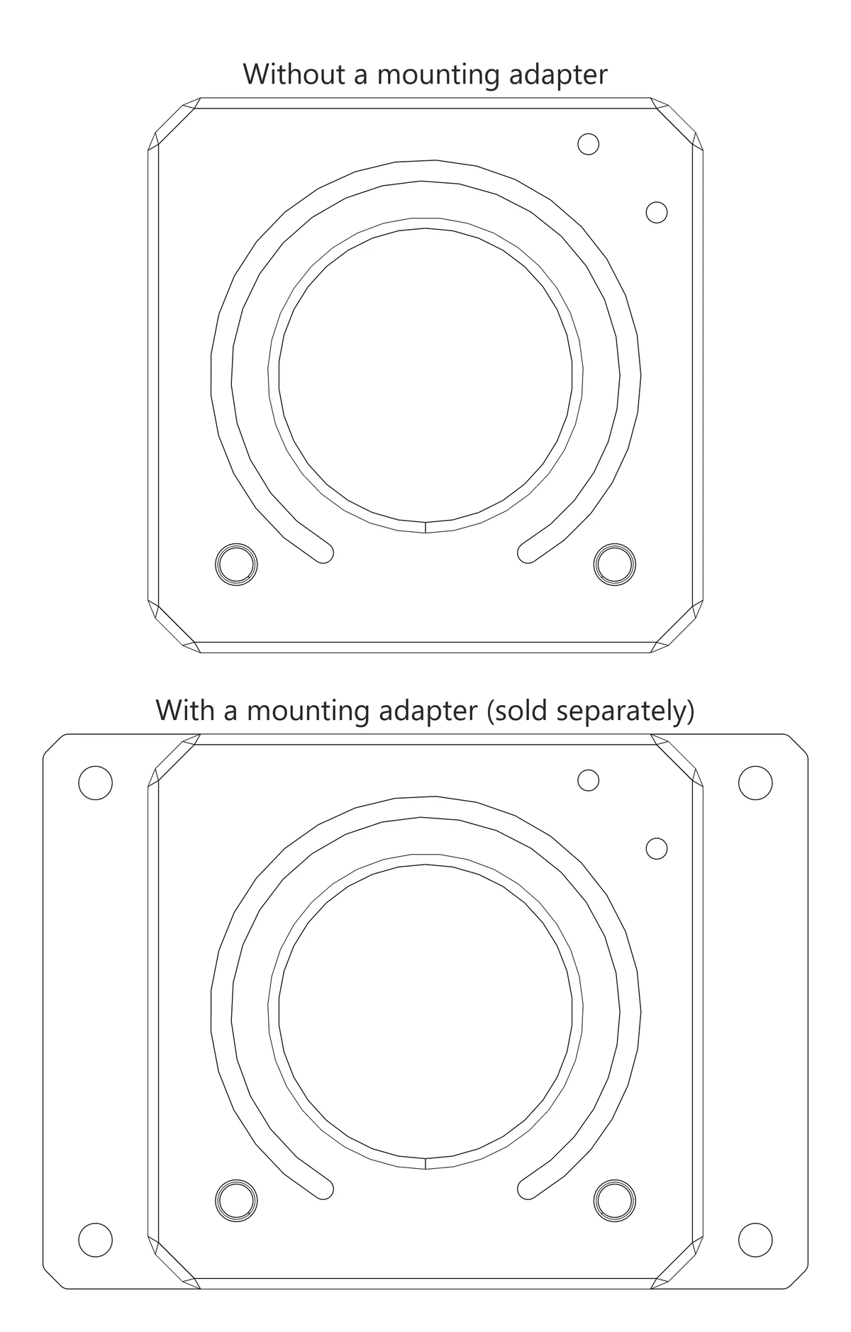 The controller with and without the mounting adapter, seen from above