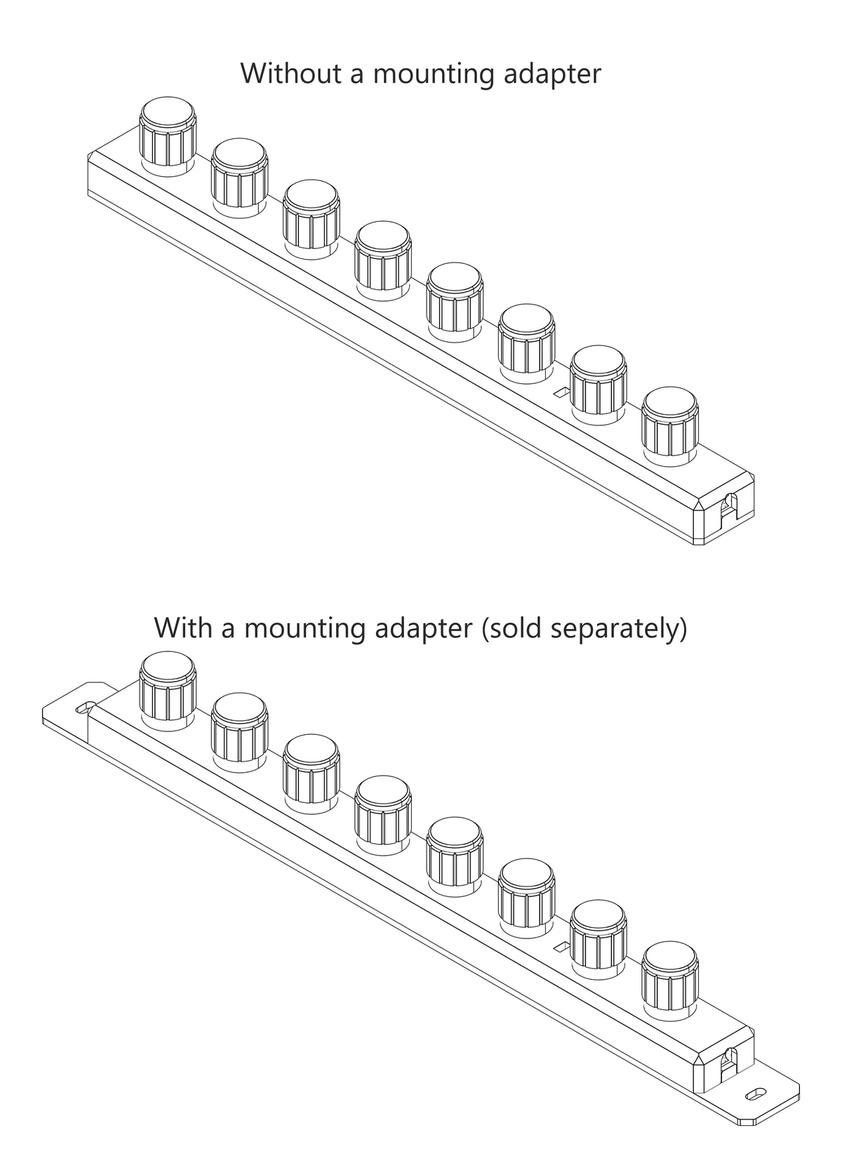 The controller with and without the mounting adapter, seen at an angle