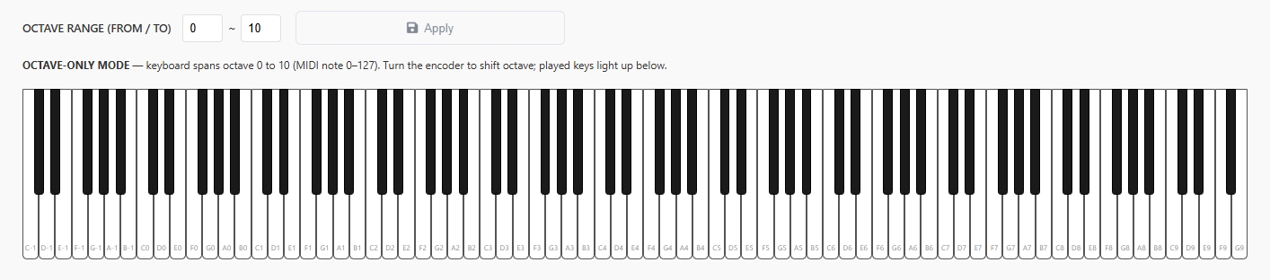 Con OCTAVE RANGE establecido en 0–10, el teclado abarca todo el rango desde C-1 hasta G9