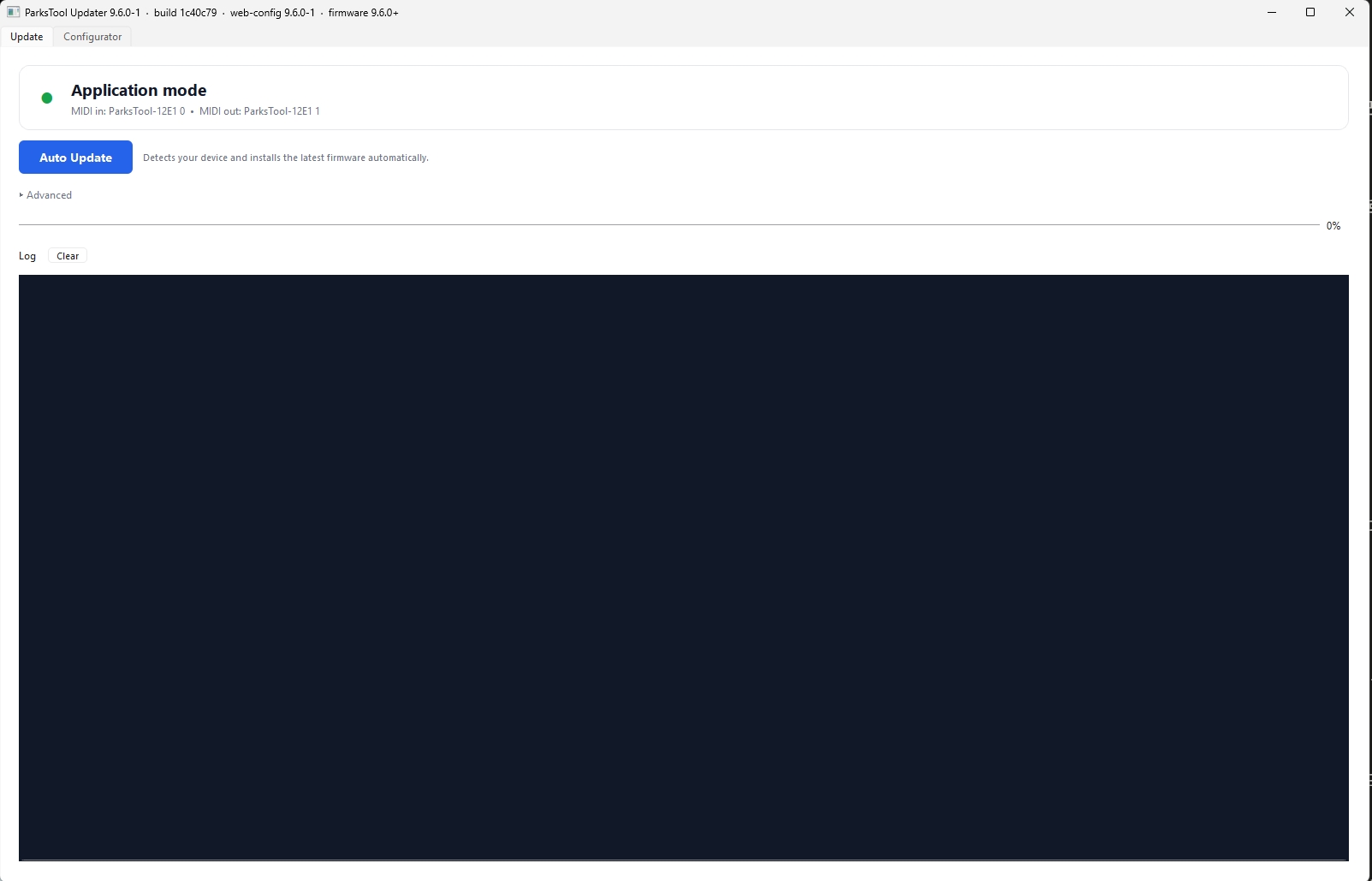 La pestaña Update de ParksTool Uploader — el dispositivo reconocido en Application mode y el gran botón azul Auto Update