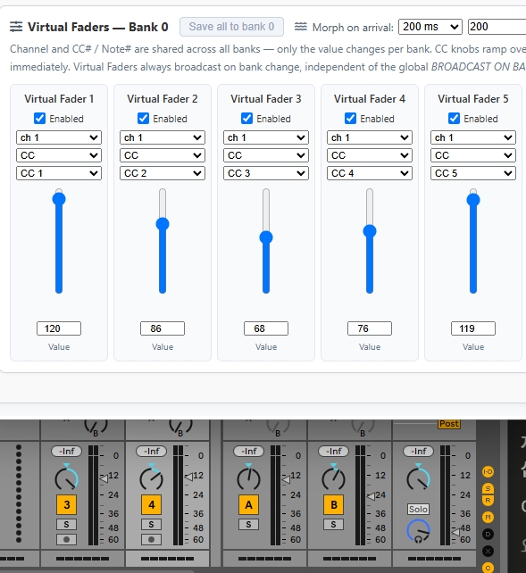 Los Virtual Fader del Web Configurator de ParksTool funcionando junto a un DAW: un flujo de trabajo en el que las escenas del dispositivo se conectan de forma bidireccional con los valores de canal del DAW