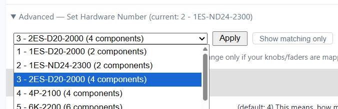 Global Variables の Advanced — Set Hardware Number で製品プロファイルを選ぶ画面