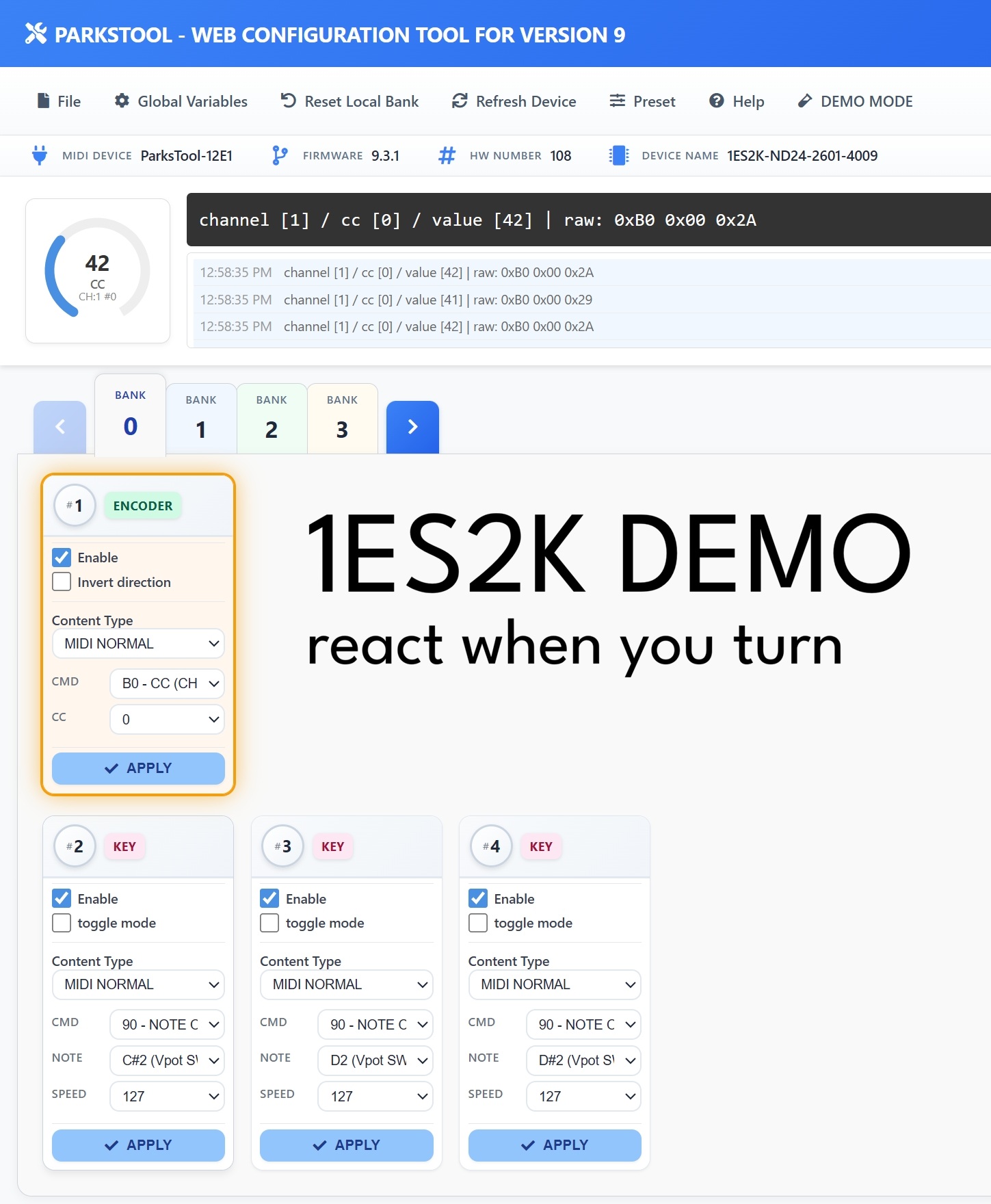 ParksTool Web Configuration Tool Version 9 인터페이스
